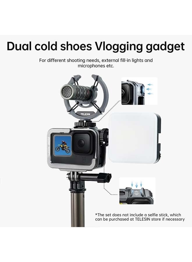 TELESIN Aluminum Case Metal Cage Protective Frame Housing for GoPro Hero 12 11 10 9 Black, Fits for Go Pro When ND CPL Lens Filter Max Lens Mount on, with Cold Shoe Connect to Video Light Microphone