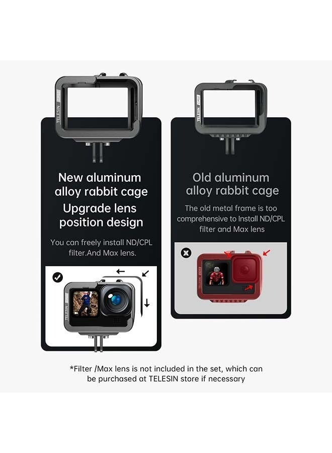 TELESIN Aluminum Case Metal Cage Protective Frame Housing for GoPro Hero 12 11 10 9 Black, Fits for Go Pro When ND CPL Lens Filter Max Lens Mount on, with Cold Shoe Connect to Video Light Microphone