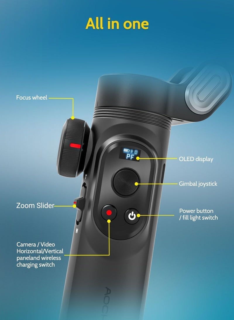 AOCHUAN X PRO Gimbal Stabilizer for Smartphone, Gimbal w/Wireless Charging iPhone Gimbal for iPhone 15 Pro Max/Android Foldable 3-Axis Handheld Phone Gimbal for Video Recording Face Tracking (Black)