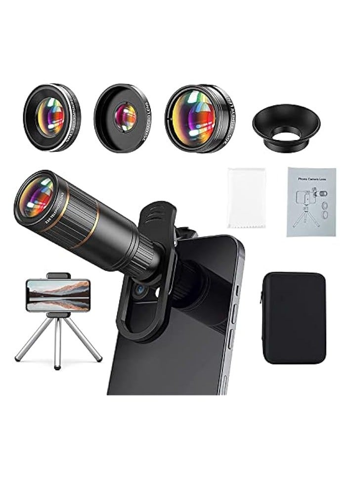 Phone Camera Lens Kit 4 in 1, Attachment Lens for SmartPhone, 22X Telephoto Lens, 205° Fisheye Lens, 4K HD 0.67X Wide Angle Lens, 25X Macro Lens, Compatible with all Phones