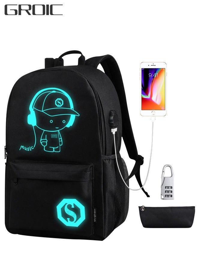 Luminous Hiking Cycling Waterproof Backpack, 15.6'' Laptop Bag with USB Charging Port Anti-theft Lock Pencil Case, Dark Canvas Notebook Shoulder Bag for Boys Girls