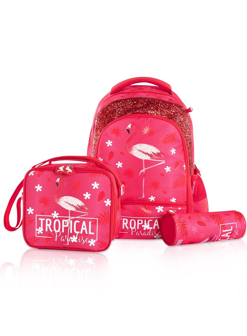 17 Inch Set Of 3 School Bag With Lunch Bag And Pencil Case Tropical - Pink