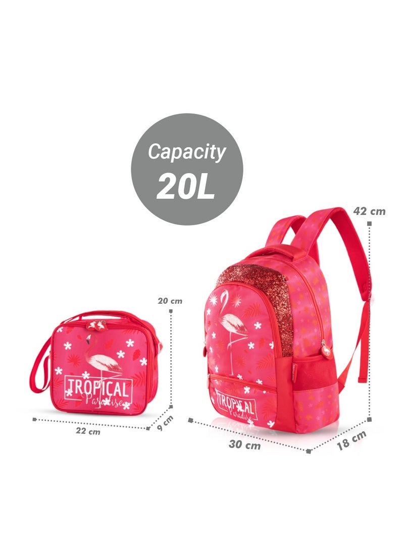 17 Inch Set Of 3 School Bag With Lunch Bag And Pencil Case Tropical - Pink