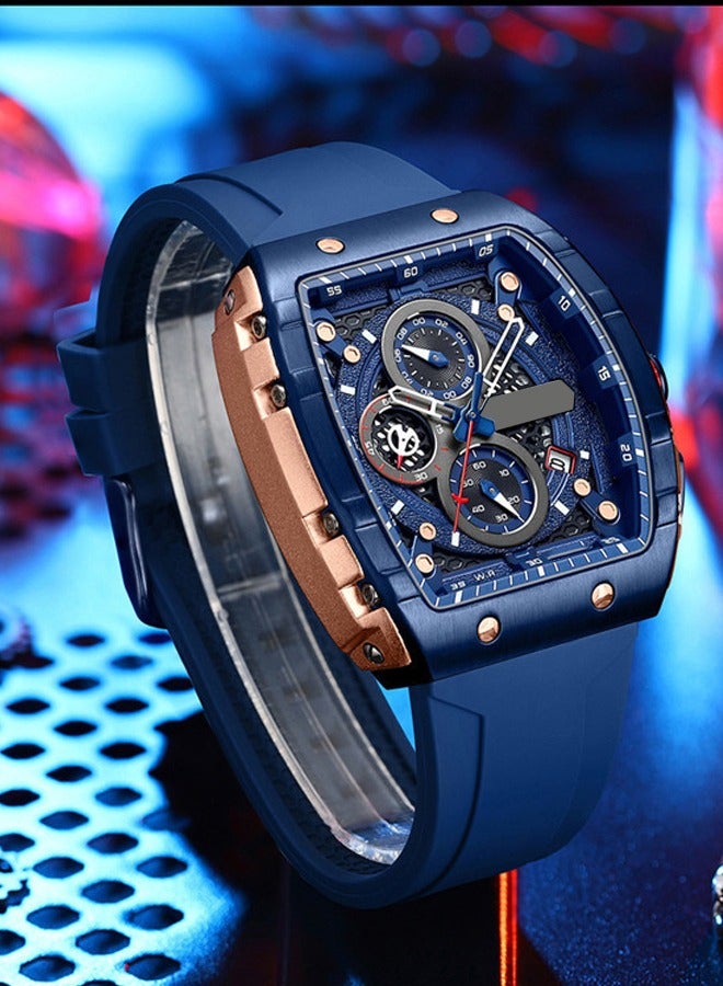 Luxury Six-Pin Water Resistant Stainless Steel Men's Chronograph Square Wristwatch with Silicone Strap