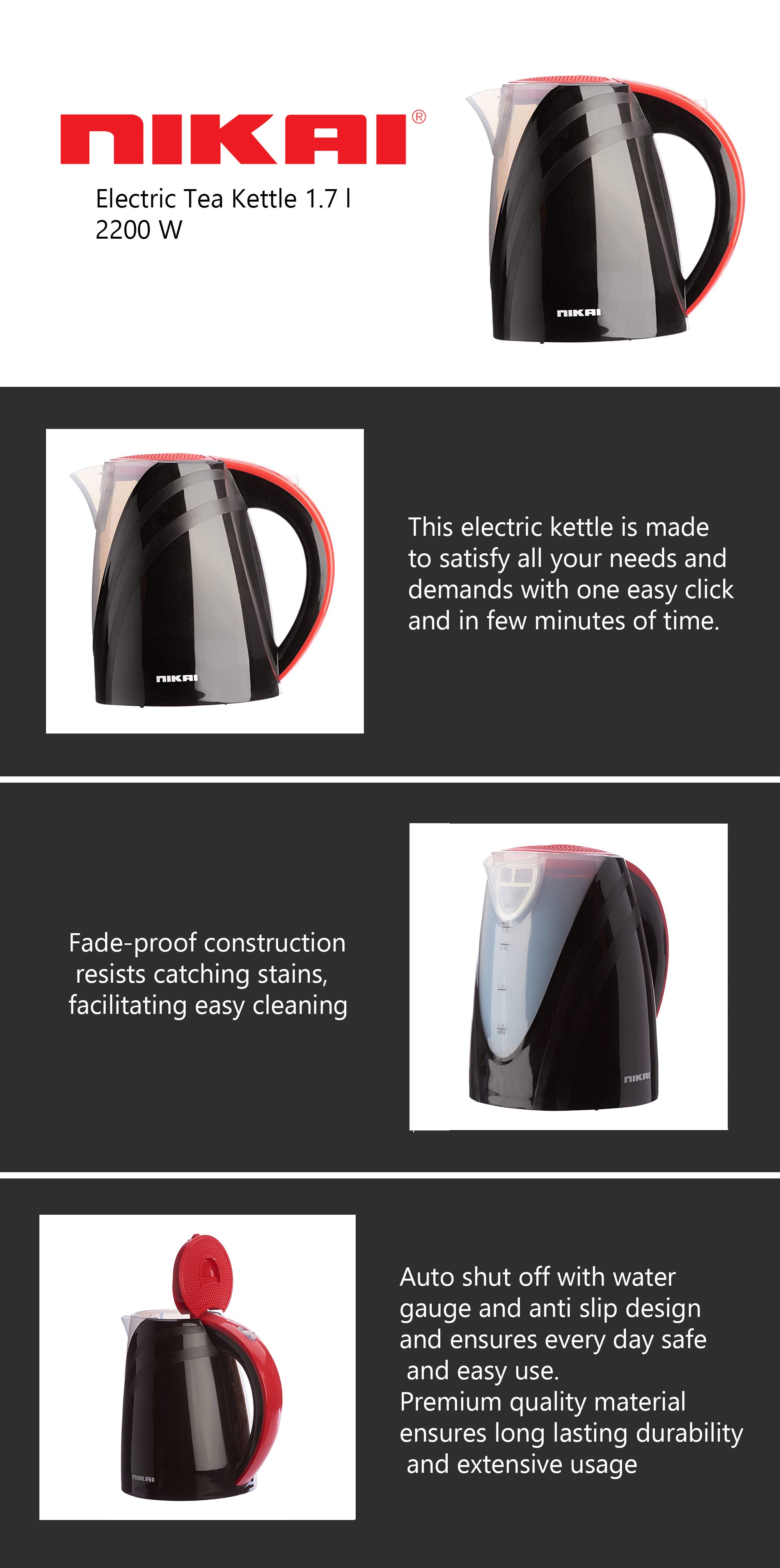 Electric Tea Kettle 1.7 L 2200.0 W NK220A Black/White/Red