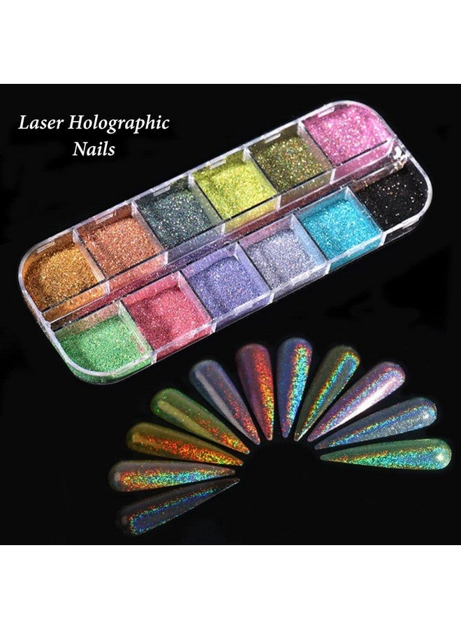 12 Grids Laser Holographic Powder Nails Glitter Nail Art Kit Design Decoration Accessories Diy Manicure Trending For Women Girls