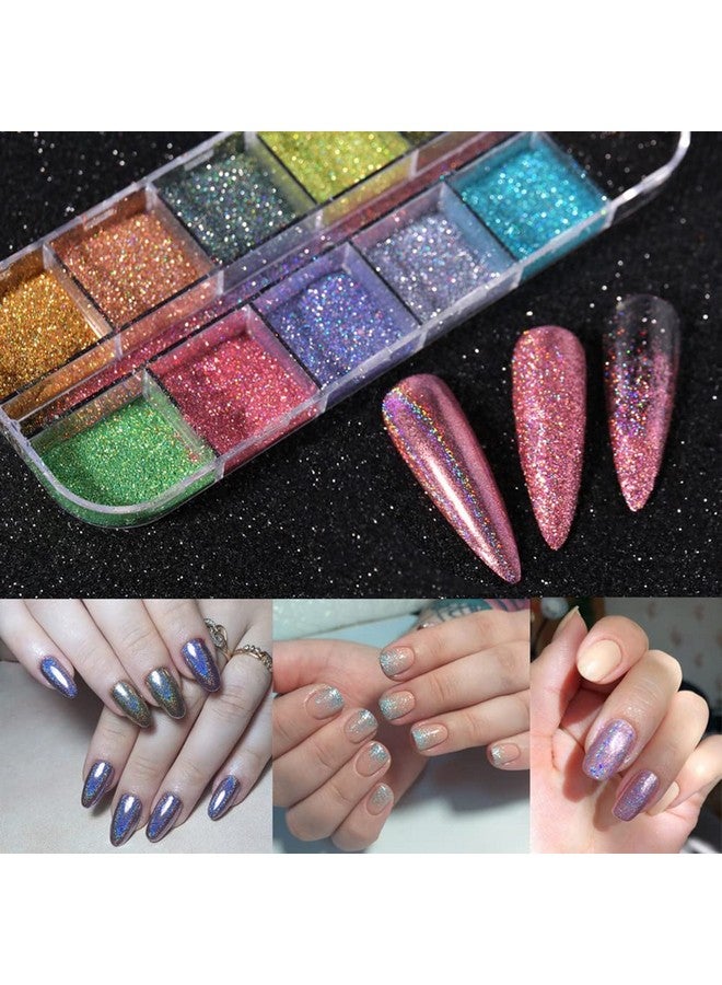 12 Grids Laser Holographic Powder Nails Glitter Nail Art Kit Design Decoration Accessories Diy Manicure Trending For Women Girls