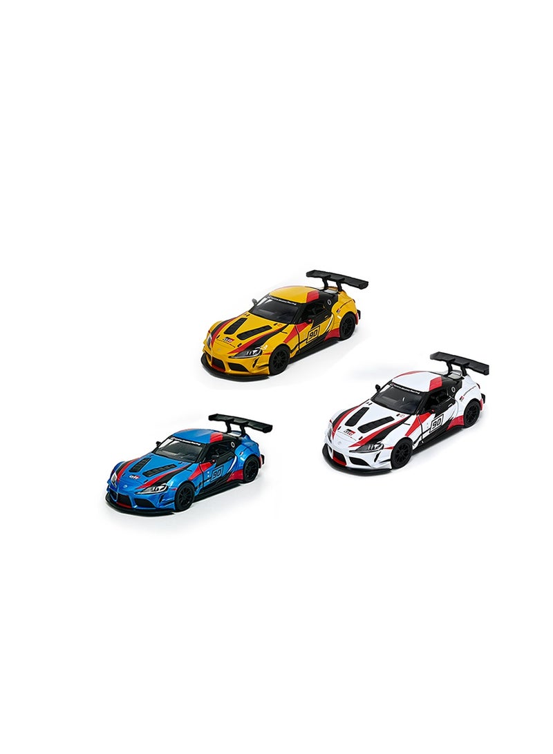 Pack of 3 Toyota GR Supra Racing Concept Car Die Cast Metal Doors Openable Pull Back Action Toy-Assorted Colour