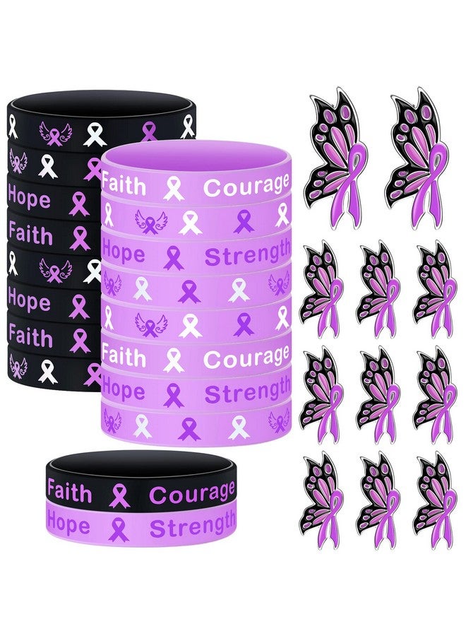 48 Pack Domestic Violence Awareness Bracelets Purple Butterfly Ribbon Lapel Pin Hope Strength Faith Courage Silicone Ribbon Motivational Wristband