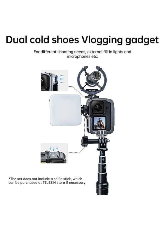 TELESIN Vertical Aluminum Cage Protective Case Frame Housing for GoPro Hero 12 11 10 9 Black, Fits Go Pro with ND CPL Lens Filter Max Lens on Camera, with Cold Shoe Connect to Video Light Microphone