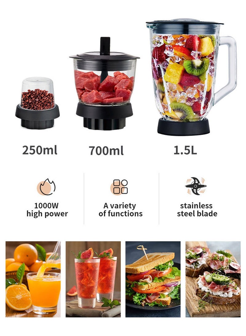 3-In-1 Juicer Blender, 1.5 Litre, 1000W Multi-Function High Speed Blender Ice Crusher with Mixer Grinder and Chopper Black