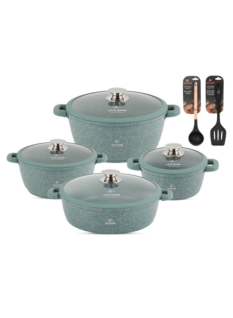 Cookware Set - 18 Pieces Pots and Pan set Granite Non Stick Coating 100% PFOA FREE, Induction Base Cooking Set with Removable Silicone Handles - Oven Safe (Green)