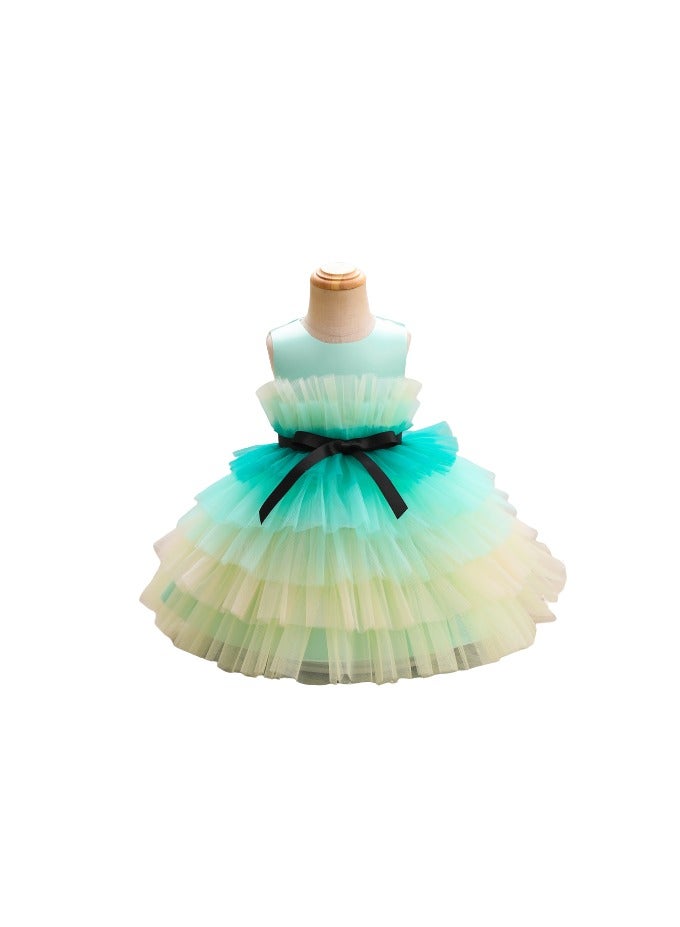 Toddler Girls Bow Front Ruffle Hem Mesh Gown Dress Green Shaded