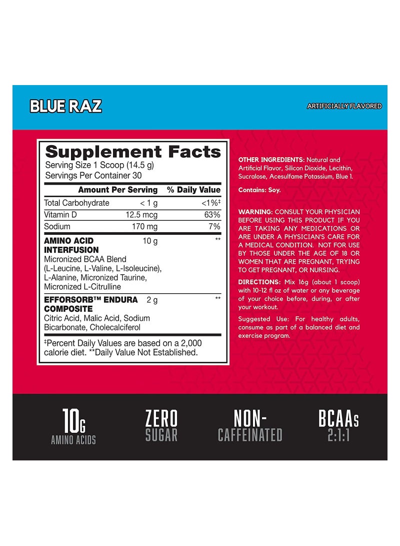 Amino X Muscle Recovery & Endurance Powder with BCAAs, 10 Grams of Amino Acids, Keto Friendly, Caffeine Free, Flavor: Blue Raspberry, 30 Servings