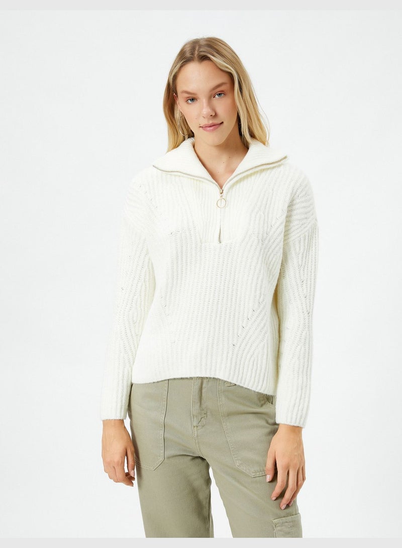 Half Zipper Sweater Stand-Up Neck Ribbed Knit Detail Soft Touch