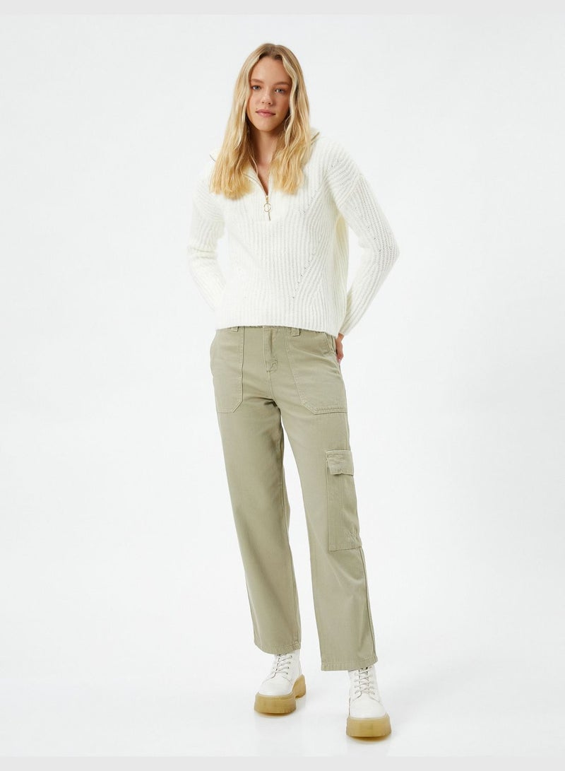 Half Zipper Sweater Stand-Up Neck Ribbed Knit Detail Soft Touch