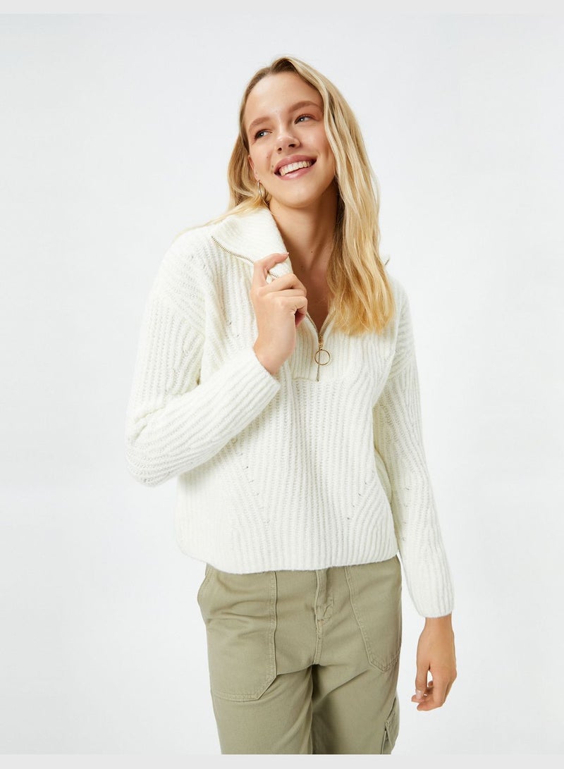 Half Zipper Sweater Stand-Up Neck Ribbed Knit Detail Soft Touch