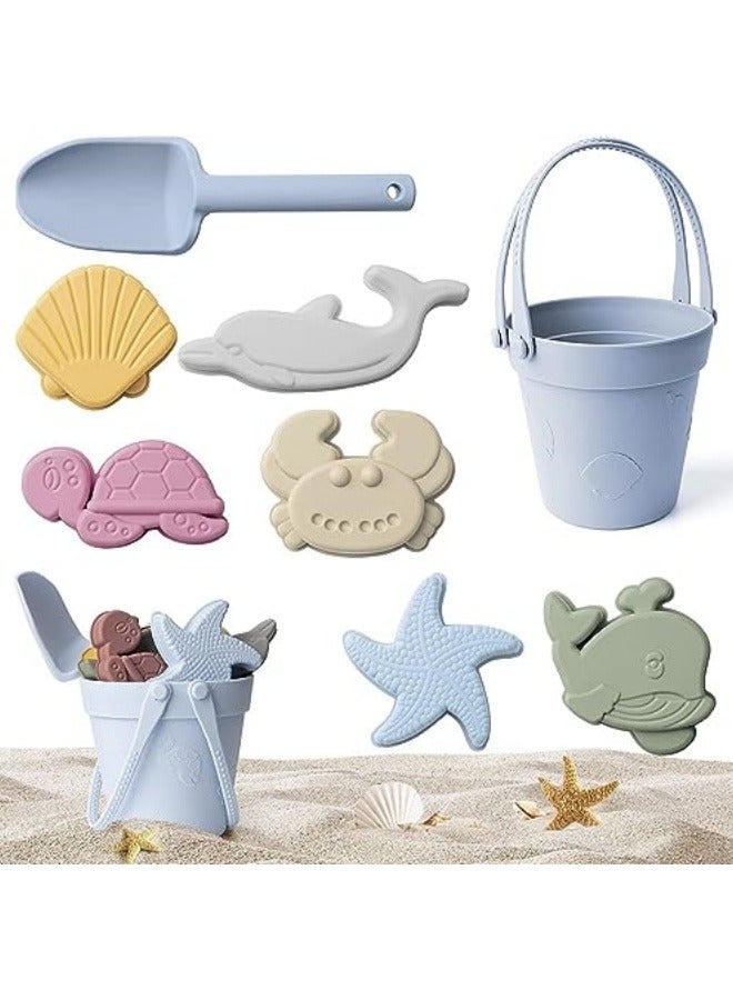 8Pcs Silicone Beach Toys with Portable Beach Bag Kids Sand Toys Set Travel Friendly Beach Toys Set for Boys Girls Beach Bucket Set with Sand Toy Molds Summer Outdoor Toys Blue