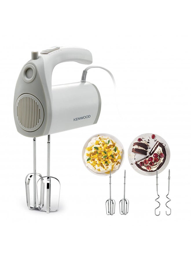 Hand Mixer (Electric Whisk) With 5 Speeds + Turbo Button, Twin Stainless Steel Kneader And Beater For Mixing, Whipping, Whisking, Kneading 300 W HMP20.000WH White