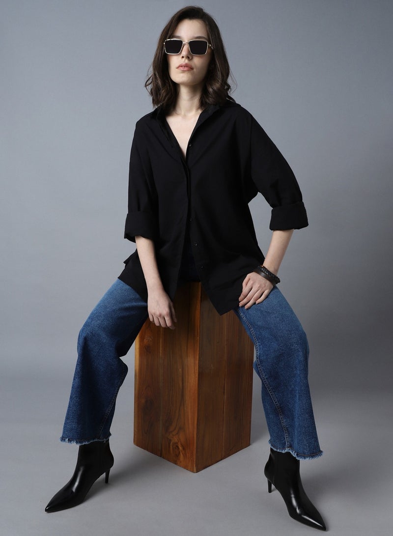 Relaxed Oversized Black Longline Shirt for Women, Spread Collar