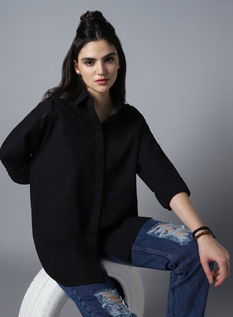 Relaxed Oversized Black Longline Shirt for Women, Spread Collar