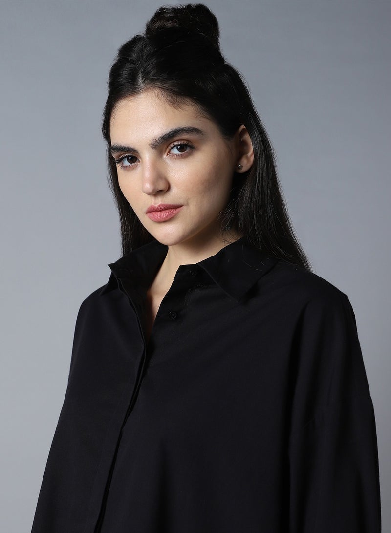 Relaxed Oversized Black Longline Shirt for Women, Spread Collar