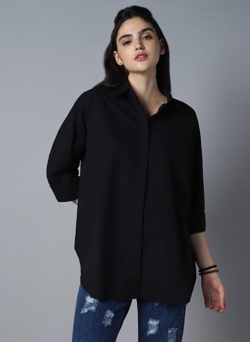 Relaxed Oversized Spread Collar Long Sleeve Cotton Longline Casual Shirt