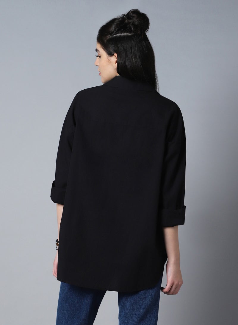 Relaxed Oversized Black Longline Shirt for Women, Spread Collar