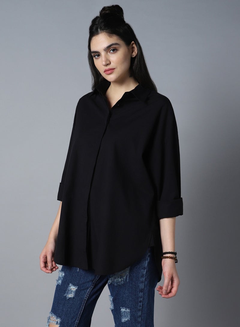 Relaxed Oversized Black Longline Shirt for Women, Spread Collar