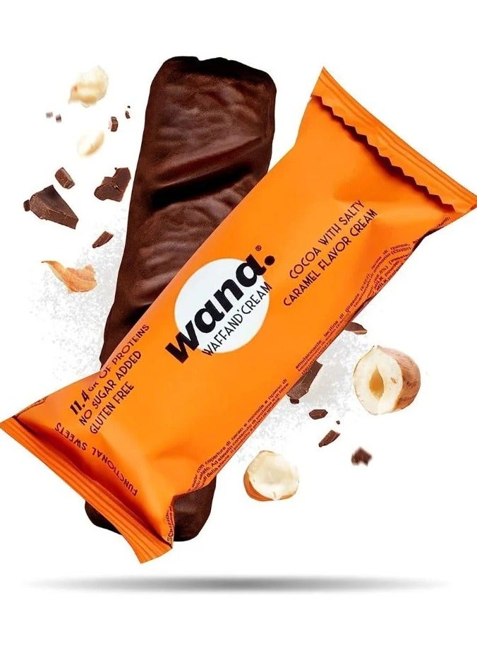 wana waffand cream cocoa with salty caramel cream flavor, 43g pack of 12