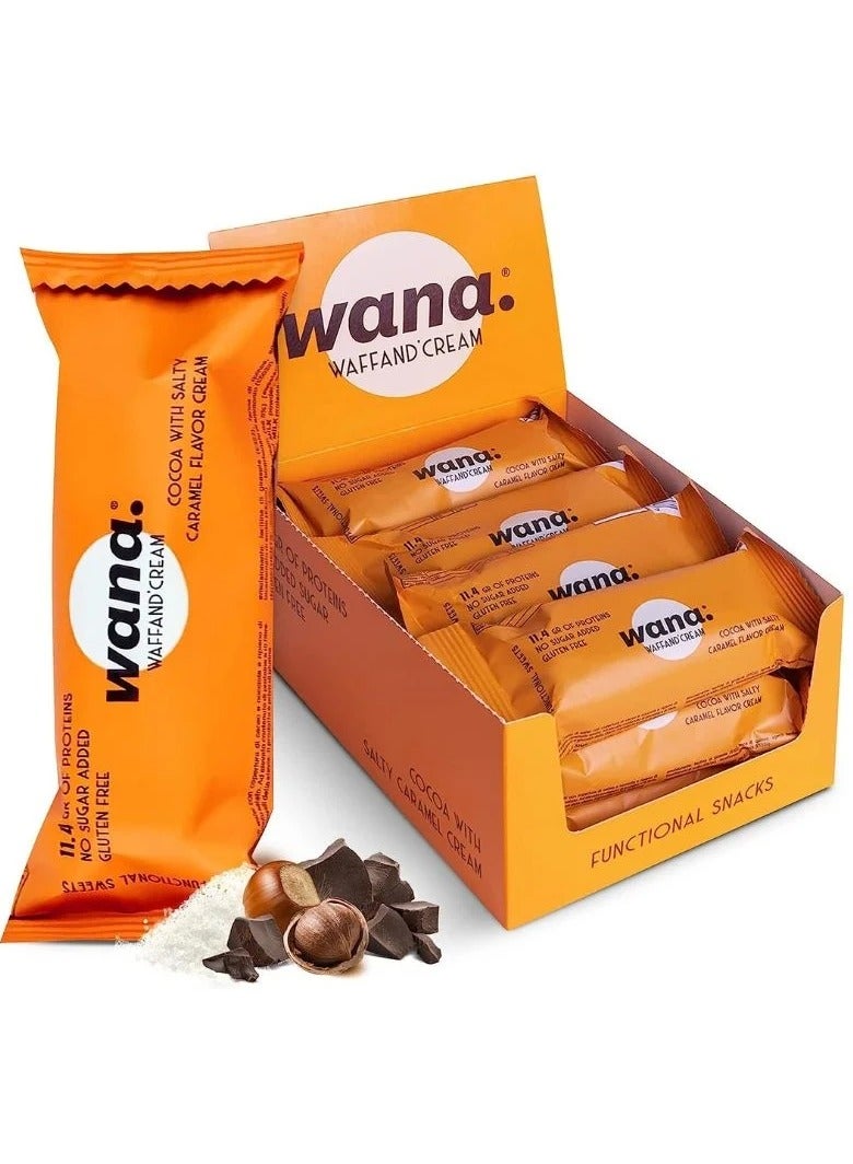 wana waffand cream cocoa with salty caramel cream flavor, 43g pack of 12