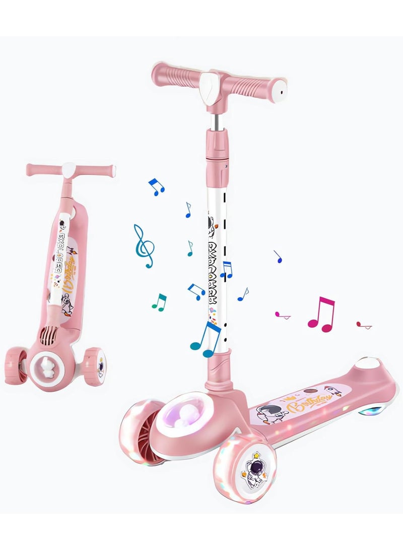 Skate Scooter for Kids 3 Wheel Kids Scooter with 4 Height Adjustable Handle Baby Scooter with LED PU Wheels Smart Kick Foldable Scooter for Baby Scooter for Kids 3 to 8 Years Boy Girl Pink