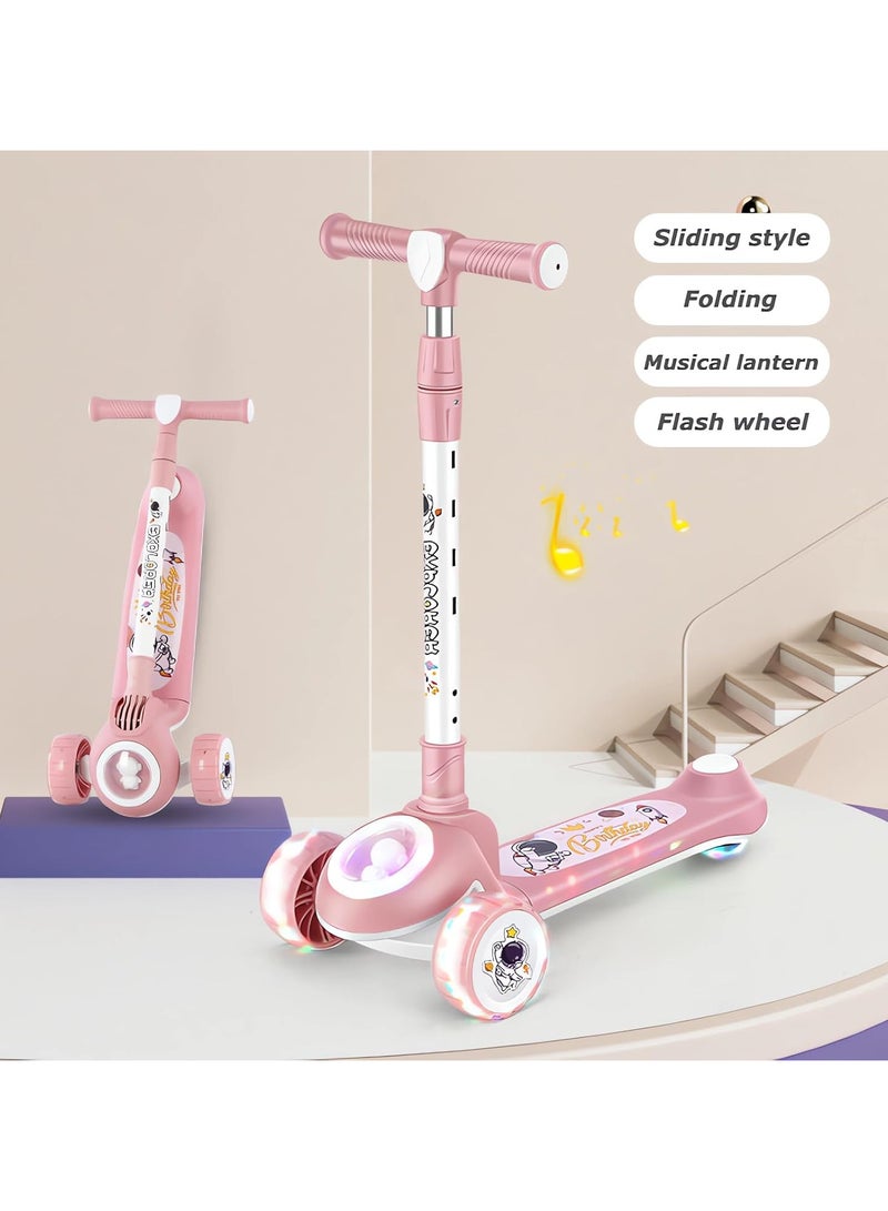 Skate Scooter for Kids 3 Wheel Kids Scooter with 4 Height Adjustable Handle Baby Scooter with LED PU Wheels Smart Kick Foldable Scooter for Baby Scooter for Kids 3 to 8 Years Boy Girl Pink