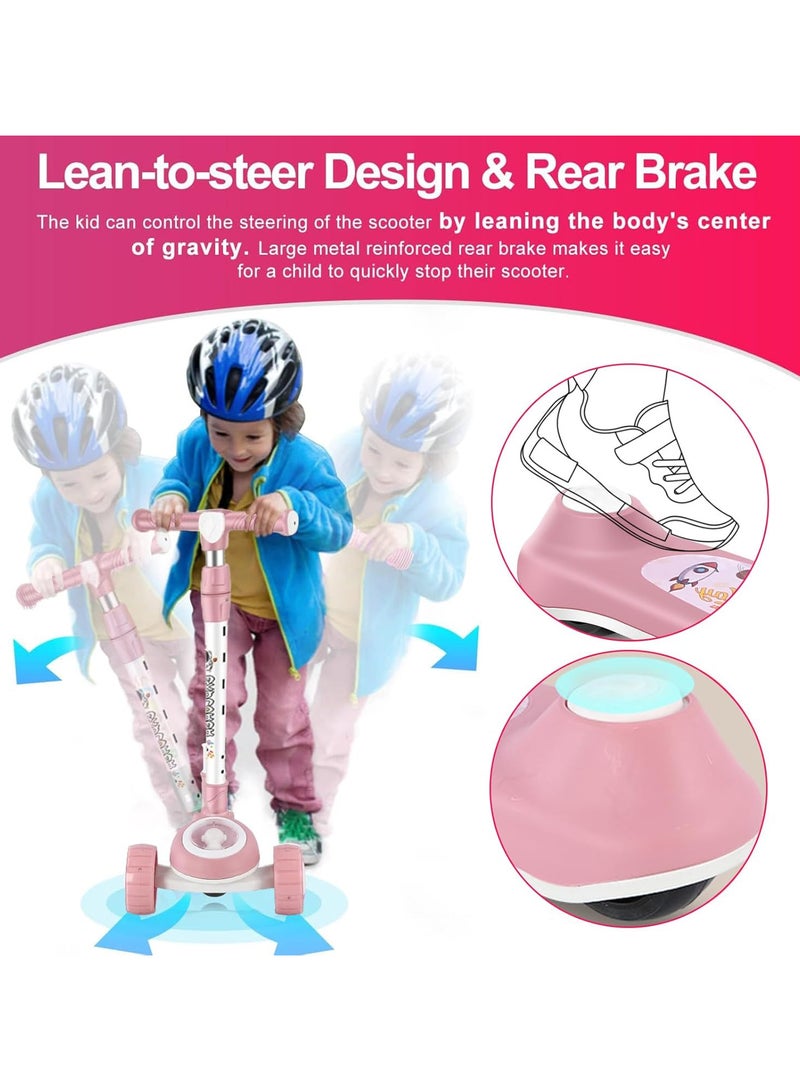 Skate Scooter for Kids 3 Wheel Kids Scooter with 4 Height Adjustable Handle Baby Scooter with LED PU Wheels Smart Kick Foldable Scooter for Baby Scooter for Kids 3 to 8 Years Boy Girl Pink