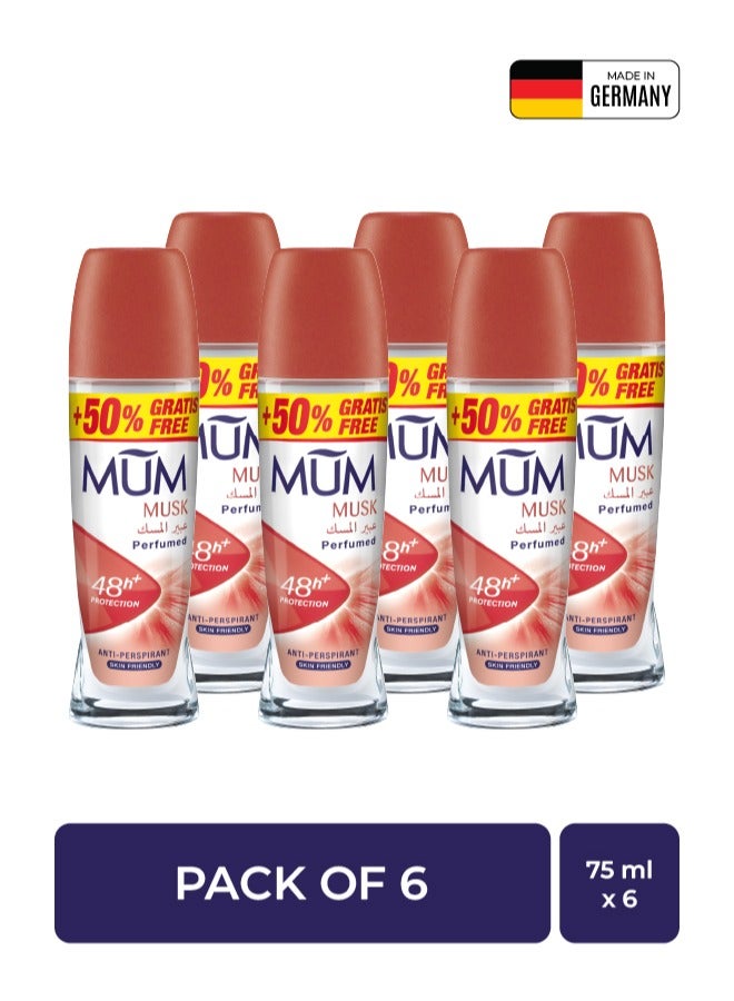 Deodorant Roll-on - Musk, 48-Hrs Protection, Quick Drying Formula For All Skin Type, Pack of 6, 75ml Each