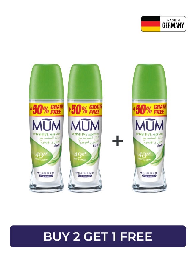 Deodorant Roll-on - Sensitive Aloe Vera, 48-Hrs Protection, Quick Drying Formula For All Skin Type, Pack of 3, 75ml Each