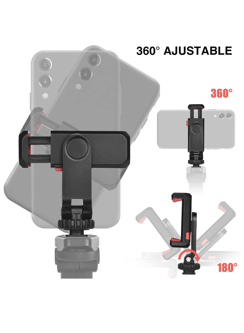 Cell Phone Tripod Mount Adapter Holder, with 2 Cold Shoe Camera Phone Hot Shoe Holder Adjustable Rubber Pad Clip for iPhone Samsung Video Live Streaming Vlogging Rig