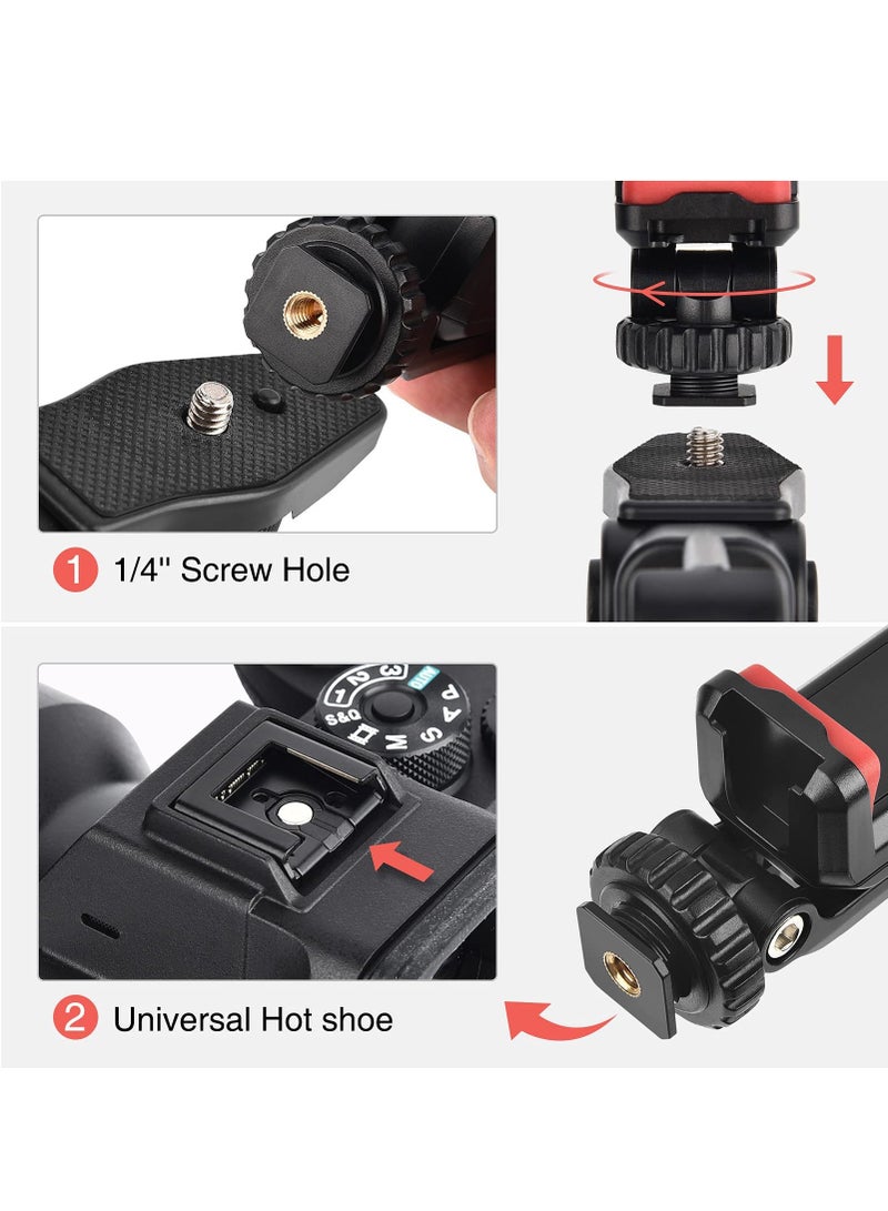 Cell Phone Tripod Mount Adapter Holder, with 2 Cold Shoe Camera Phone Hot Shoe Holder Adjustable Rubber Pad Clip for iPhone Samsung Video Live Streaming Vlogging Rig