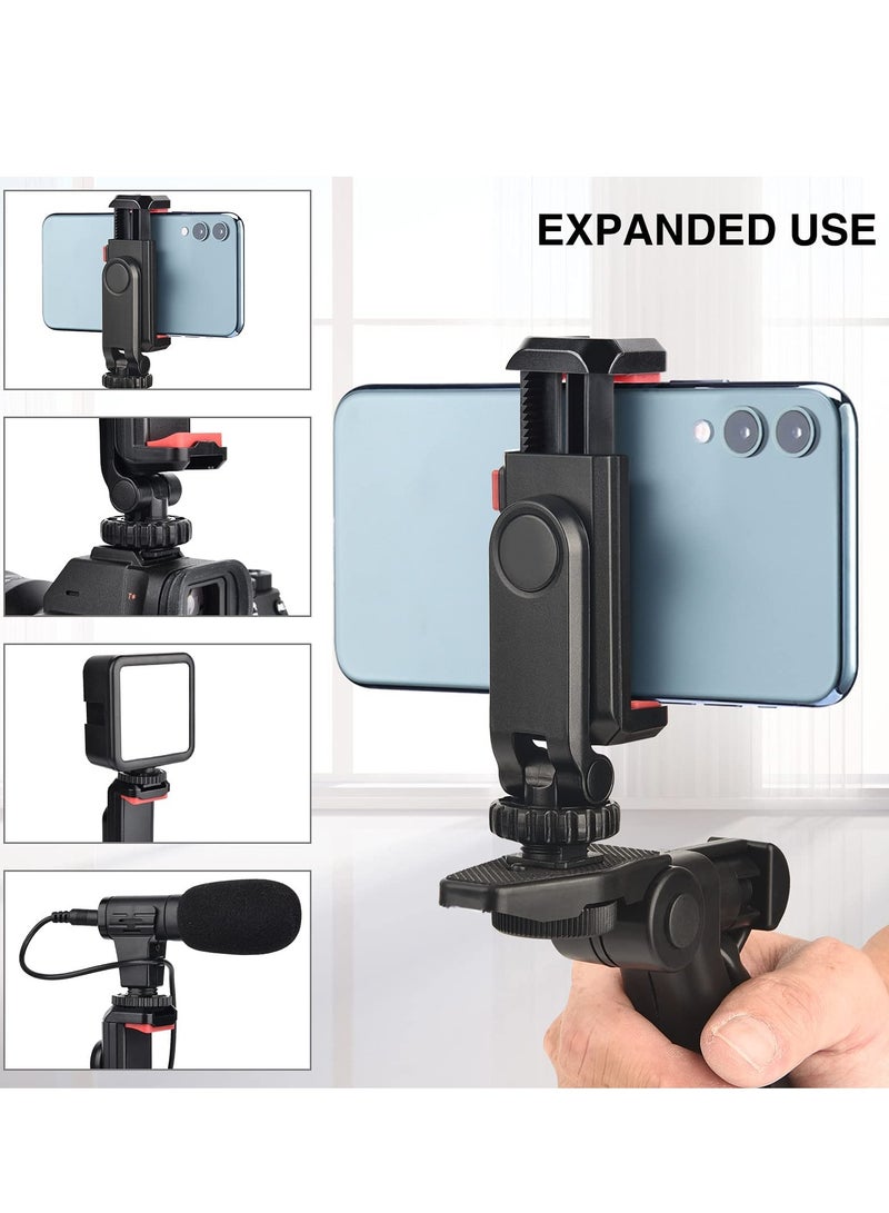 Cell Phone Tripod Mount Adapter Holder, with 2 Cold Shoe Camera Phone Hot Shoe Holder Adjustable Rubber Pad Clip for iPhone Samsung Video Live Streaming Vlogging Rig