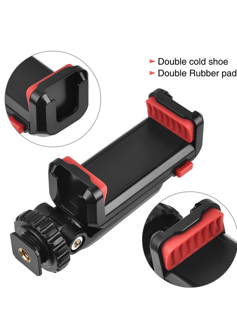 Cell Phone Tripod Mount Adapter Holder, with 2 Cold Shoe Camera Phone Hot Shoe Holder Adjustable Rubber Pad Clip for iPhone Samsung Video Live Streaming Vlogging Rig