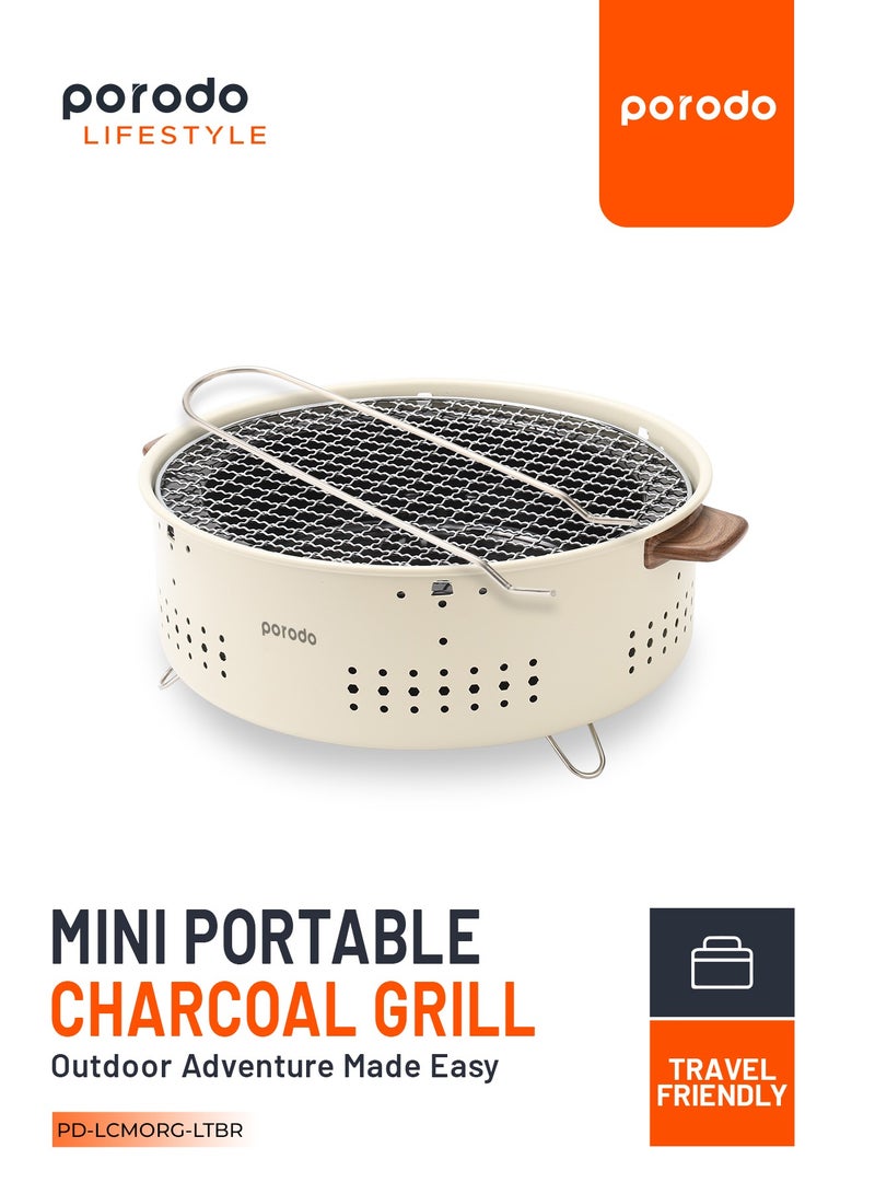 Mini Portable Camping Outdoor Round BBQ/Charcoal Grill / Iron Material Durable Construction / Compact and Lightweight Build / Travel Friendly / Easy to Use & Clean- Light Brown