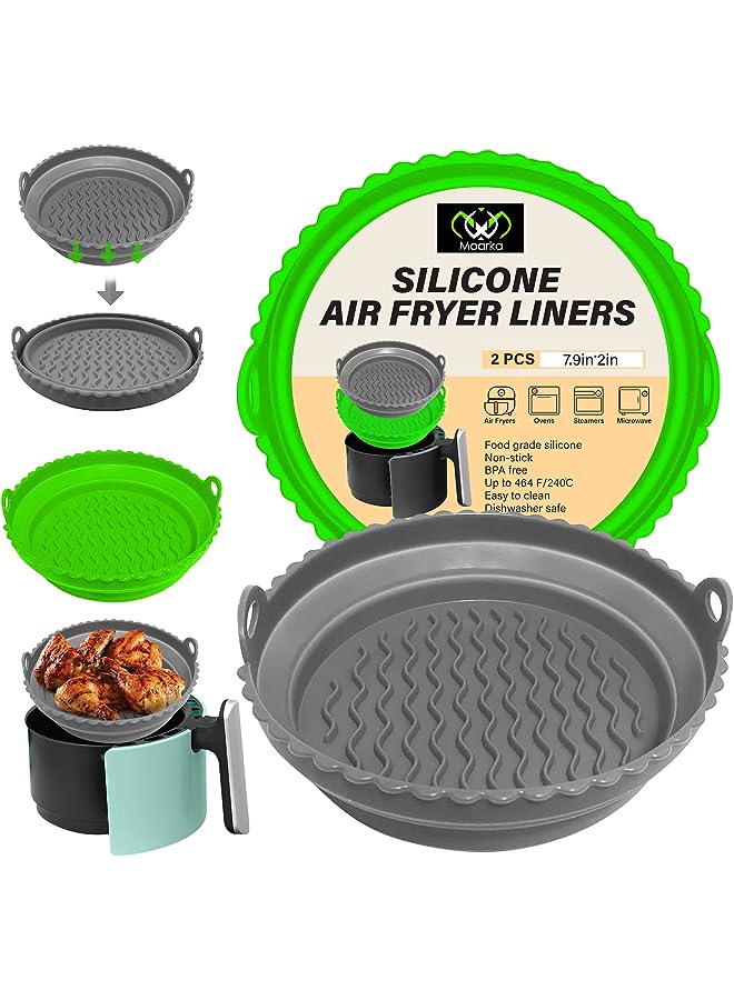 Fryer Liners [2 Pcs] – Reusable Silicone Air Fryer Liner, 7.5 inch Foldable Collapsible Silicone Baking Pot, Easy to Clean Accessory for Air Fryer, Oven & Microwave (Green & Grey)