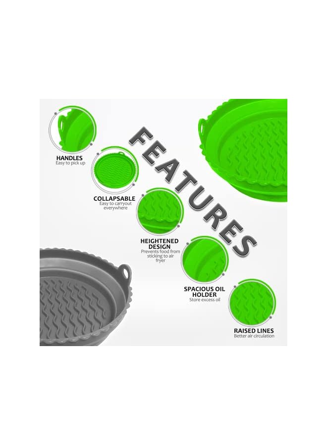 Fryer Liners [2 Pcs] – Reusable Silicone Air Fryer Liner, 7.5 inch Foldable Collapsible Silicone Baking Pot, Easy to Clean Accessory for Air Fryer, Oven & Microwave (Green & Grey)