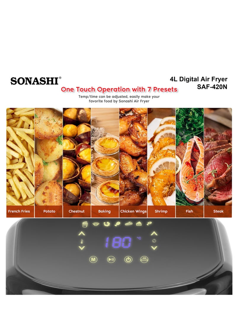 Air Fryer - 4L Capacity| LED Display Touch Screen with 80-200C Temperature Control| No-oil Cooking with Over-Heat Protection| Non-Stick Coating Basket - Auto shutoff function 4 L 1200 W SAF-420N Black