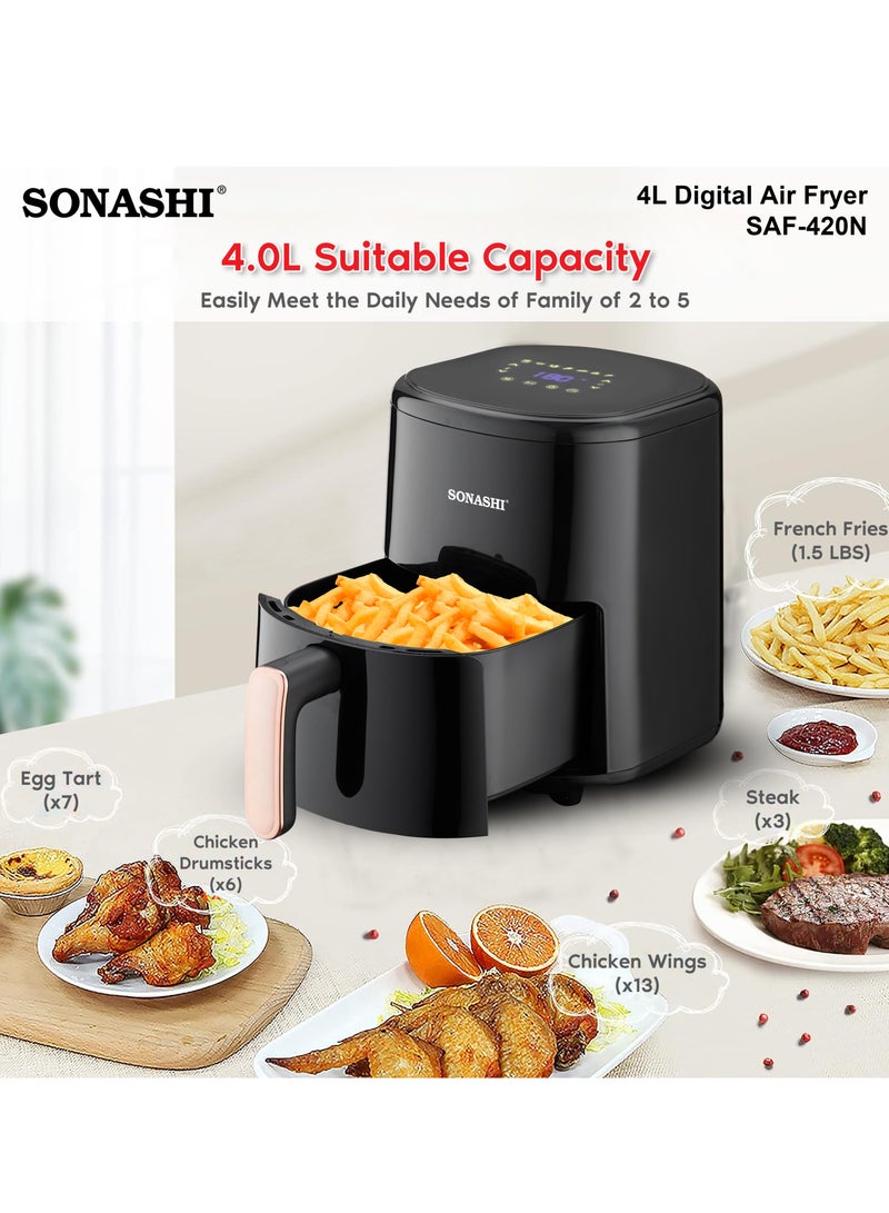 Air Fryer - 4L Capacity| LED Display Touch Screen with 80-200C Temperature Control| No-oil Cooking with Over-Heat Protection| Non-Stick Coating Basket - Auto shutoff function 4 L 1200 W SAF-420N Black