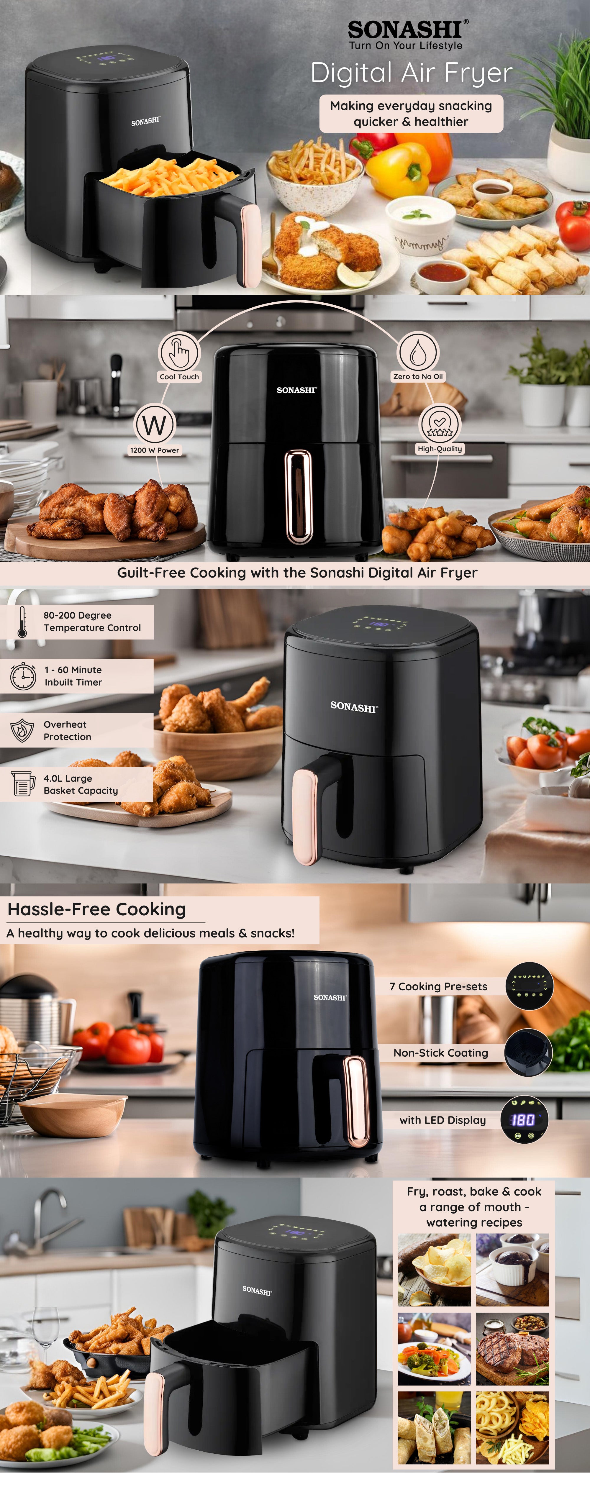 Air Fryer - 4L Capacity| LED Display Touch Screen with 80-200C Temperature Control| No-oil Cooking with Over-Heat Protection| Non-Stick Coating Basket - Auto shutoff function 4 L 1200 W SAF-420N Black