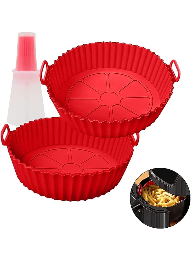 Air Fryer Silicone Pot, Silicone Liners Food Safe Non Stick Air fryers Basket Oven Accessories, Reusable Fits 3QT - 5QT Air Fryer 2 pieces With Oil brush bottle (Red Red)