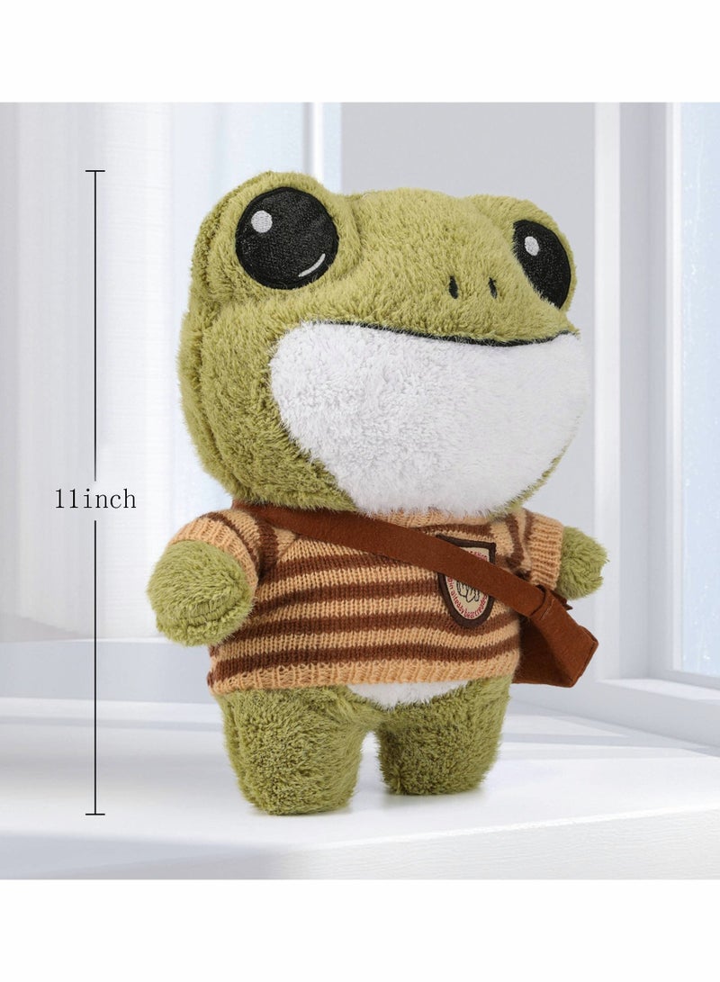 Frog Plush Animal, 11.4-inch Frog Stuffed Animal Toy, Soft Variety Cartoon Green Frog Plushie with Cloths and Bag, Standing Stuffed Frog Gift for Kids Girls Boys