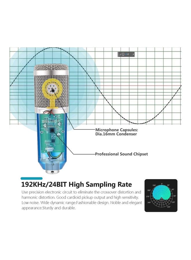 Professional Condenser Microphone Bundle Set Blue/Silver