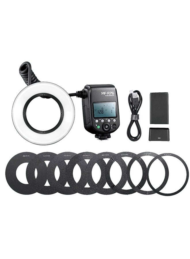 GODOX MF-R76 Macro LED Ring Flash Speedlite 76Ws 660 Full-Power Flashes Dual-Flash Tubes Power Adjustment 1/128 to 1/1 10 Levels of Power Ratio for Canon Nikon Sony Fuji Olympus Panasonic DSLR Cameras